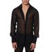 Men's Clothing Casual Lapel Density Mesh Personality Long Sleeve Sexy See Through Shirt_viptrois.com