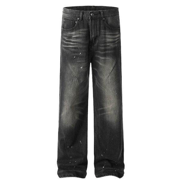 Men's Clothing Ink Splashed Design Distressed Retro Straight Jeans Street Fashion Loose Washed Casual Trousers_viptrois.com