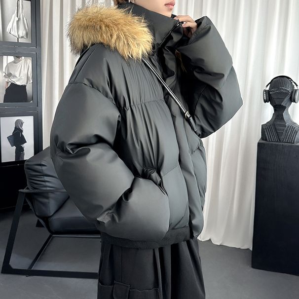 Mountain Eagle Fur Collar PU Leather Parka Cotton For Men And Women Winter Short Style Textured Hooded Thickened Coat_viptrois.com
