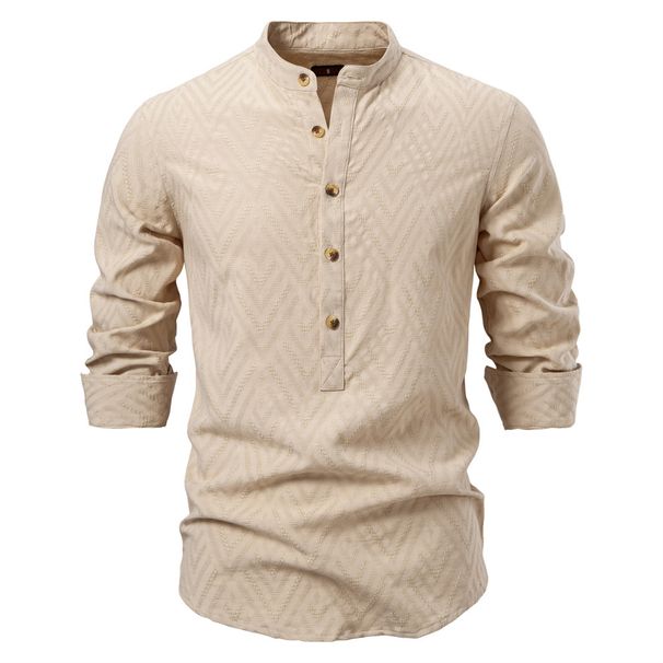 2025 Spring/Summer New Product European Size Stand Up Collar Solid Color Casual Men's Long Sleeve Shirt_viptrois.com