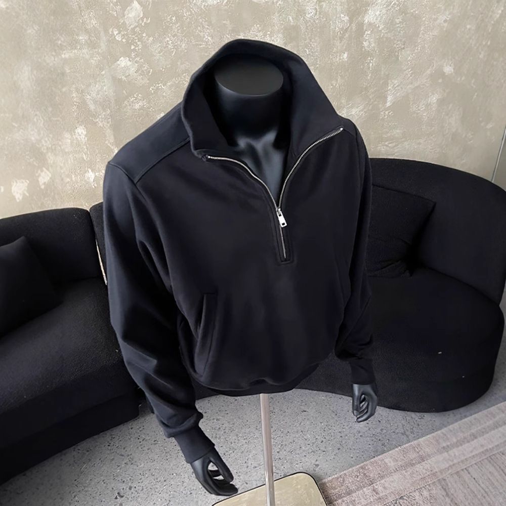 Gray American Retro Semi-zipper Stand-up Neck Sweater Men's Spring And Autumn Tide Brand High-end Sense Ruffian Handsome Cleanfit Jacket_viptrois.com