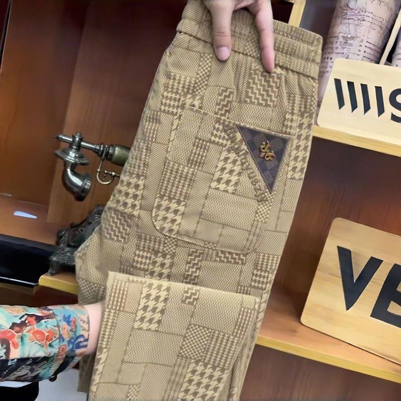Summer Thin Ice Silk Quick Drying Plaid Color Block Casual Jogger Pants For Men Loose Fit Trendy Versatile Harem Pants_viptrois.com