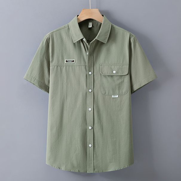 Pure Cotton Solid Color White Shirt Men's Youth Pocket Thin Design Men's Washed Short Sleeved Summer Casual_viptrois.com