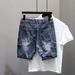Large Size Blue Denim Shorts, Haren Straight Leg Loose Fit Five Quarter Pants, Heavy-duty Washed And Worn Horse Pants_viptrois.com