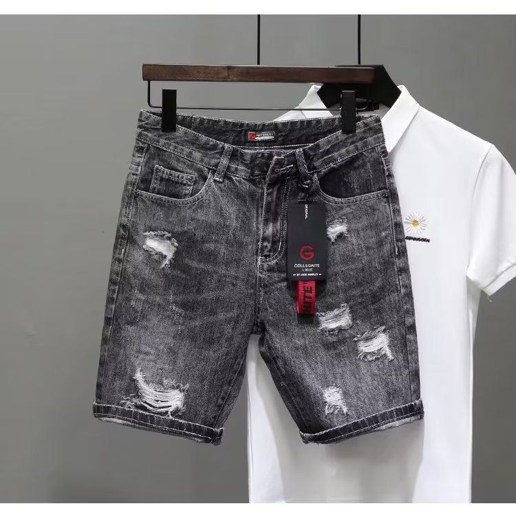 Denim Shorts Men's Instagram Summer Thin Korean Version Trendy Slim Fit Black Gray Beggar Scratch Hole Five Piece Pants_viptrois.com