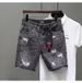 Men's Clothing Denim Shorts Men Trendy Summer Thin Korean Style Trendy Slim Black And Gray Beggar Scratched Hole Shorts_viptrois.com