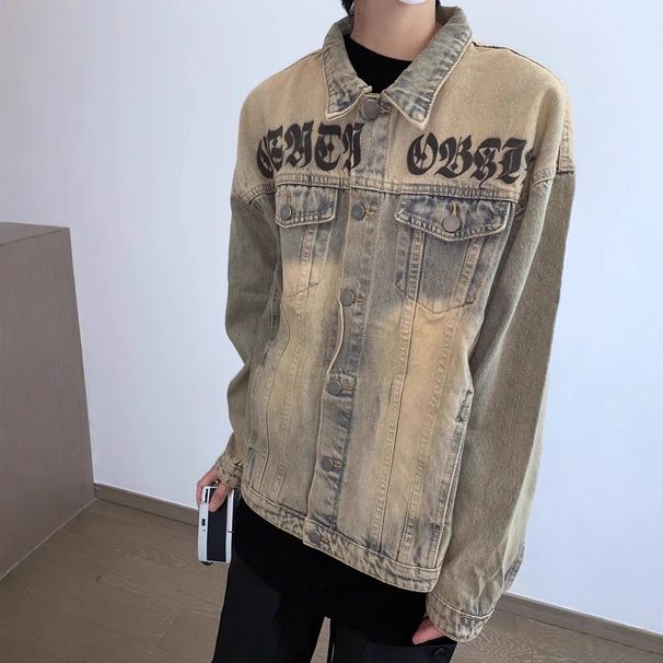 Yellow Mud Washed Denim Men's Spring And Autumn Fashion Brand Vintage American Loose Casual Lapel Workwear Jacket_viptrois.com
