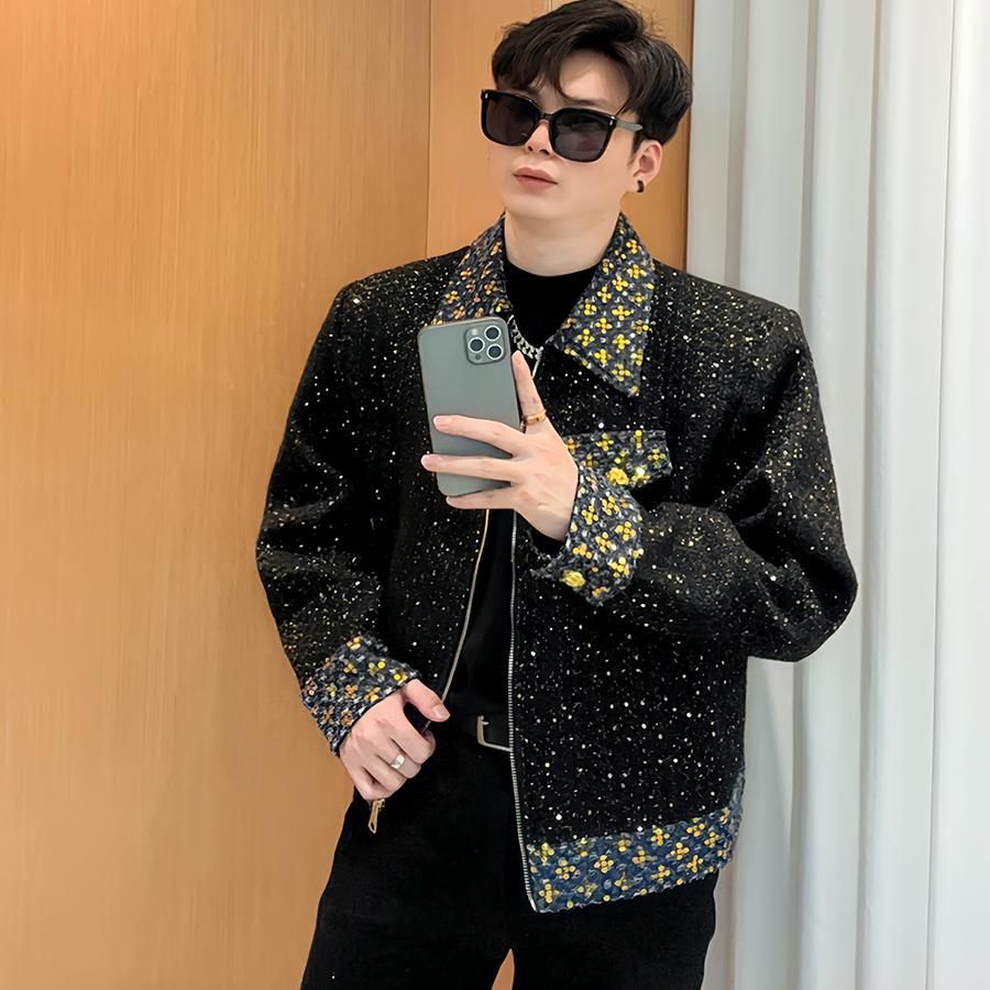 Men's Clothing 2025 Coarse Floral Sequin Contrasting Small Fragrant Style Jacket For Men Autumn And Winter High-end Feeling Starry Sky_viptrois.com