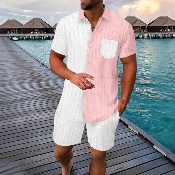 Summer Men's Hawaiian Jacquard Color-blocked Pocket Short-sleeved Shirt, Shorts, Lapel Shirt Casual Set For Foreign Trade_viptrois.com