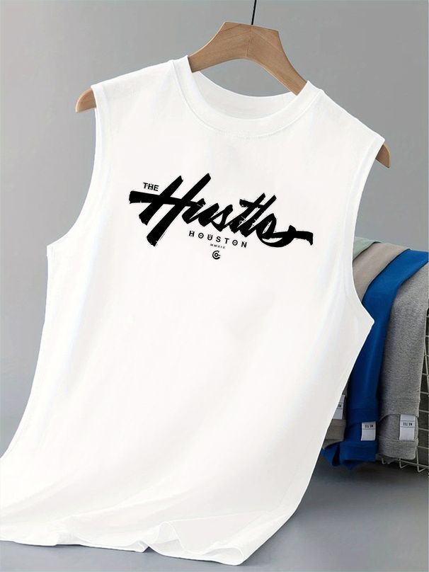 100% Pure Cotton Men's Summer Casual Sports Fitness Loose Houston Letter Pattern Printed Breathable Round Neck Sleeveless Vest_viptrois.com