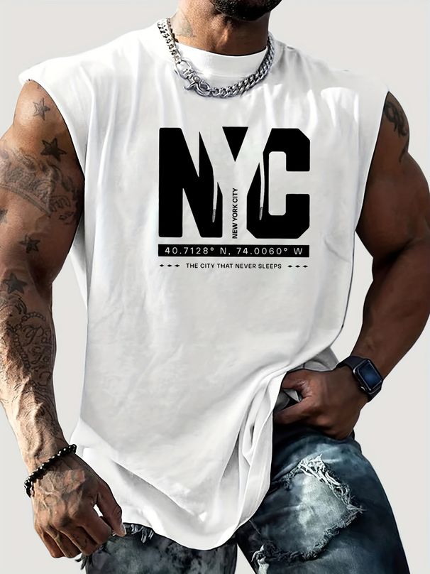 100% Pure Cotton Men's Summer Casual Sports Fitness Loose New York Letter Pattern Printed Breathable Round Neck Sleeveless Vest_viptrois.com