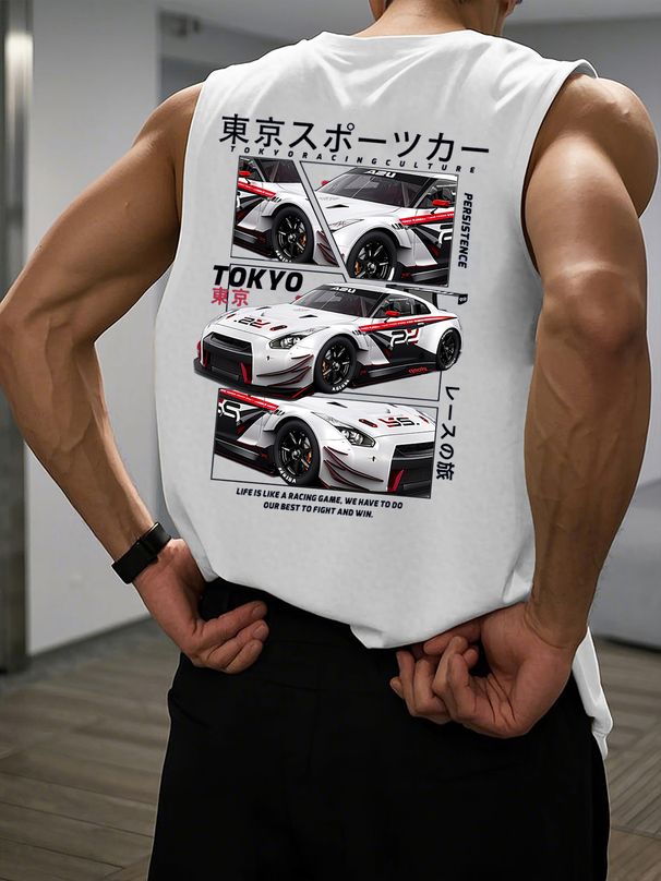 100% Pure Cotton Men's Summer Casual Sports Fitness Loose Tokyo Racing Print Breathable Round Neck Sleeveless Vest_viptrois.com