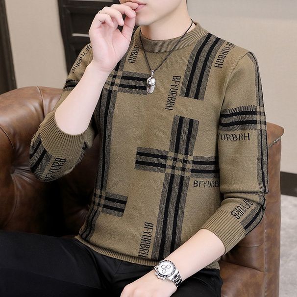 Personalized Jacquard Men's Round Neck Autumn/Winter Versatile Hoodie Long Sleeve Knitted Base Sweater Low Collar_viptrois.com