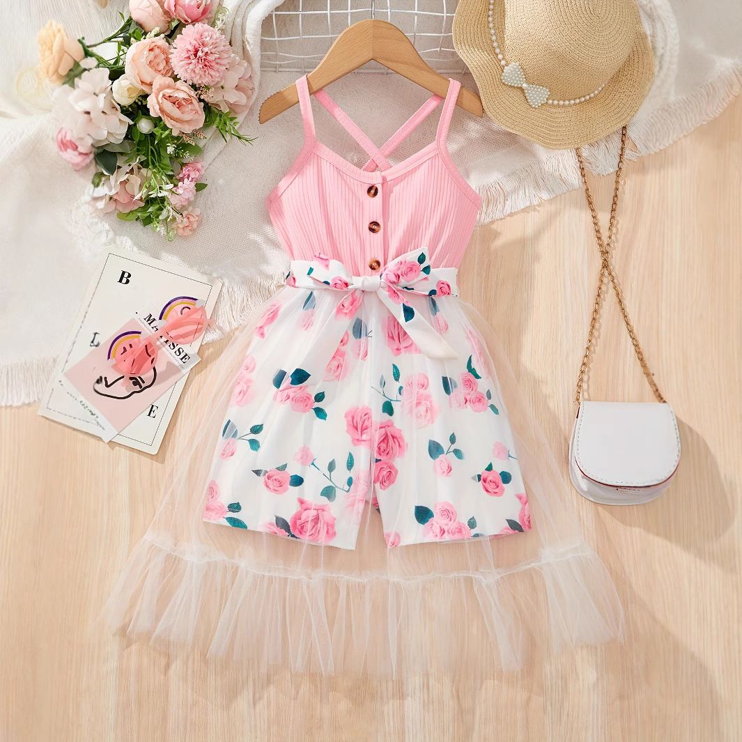 Mother & Kids INS Girls Fashion Mesh Splicing And Flower Full Print Jumpsuit Summer Dress_viptrois.com