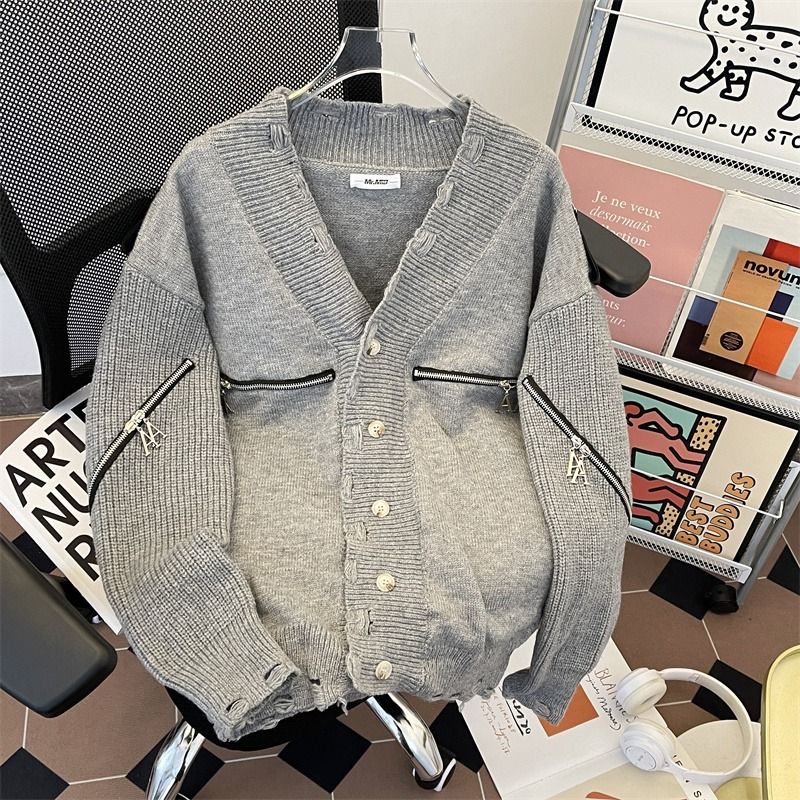 Men's Clothing Deconstructed Heavyweight Zip-Up Sweater – Unisex Oversized V-Neck Knit Cardigan For Clean Aesthetic & Streetwear_viptrois.com