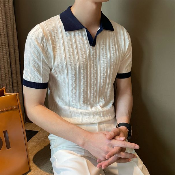 Men's Clothing Men's Summer Lapel Slim Fit Ins High End Color Casual Soft Glutinous Top_viptrois.com