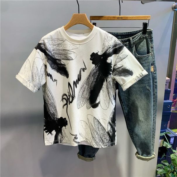 2025 Summer New Graffiti Printing Crew Neck Short-sleeved T-shirt Trendy Brand Men's Loose Half-sleeved Versatile Handsome T-shirt_viptrois.com