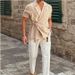 Men's Clothing Summer Solid Color Cotton And Linen Suit Lapel Lace Up Short Sleeved Shirt_viptrois.com