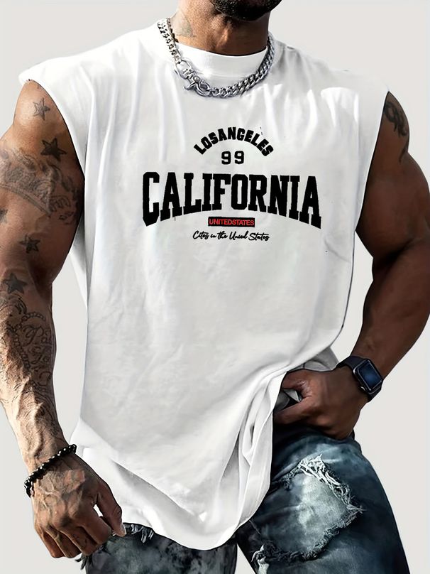 100% Pure Cotton Men's Summer Casual Sports Fitness Loose California Letter Printed Breathable Round Neck Sleeveless Vest_viptrois.com