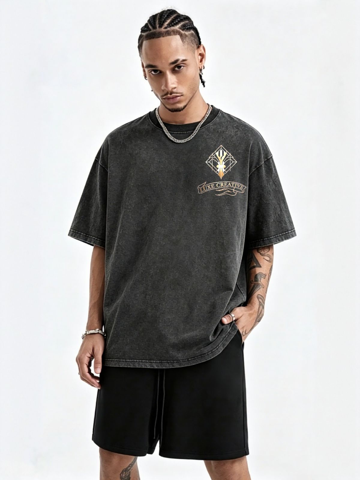 230g Vintage Washed Men T-shirt Diamond Frame Abstract Symbol With Luxe Creative Banner Print Crew Neck Short Sleeve Streetwear Top_viptrois.com