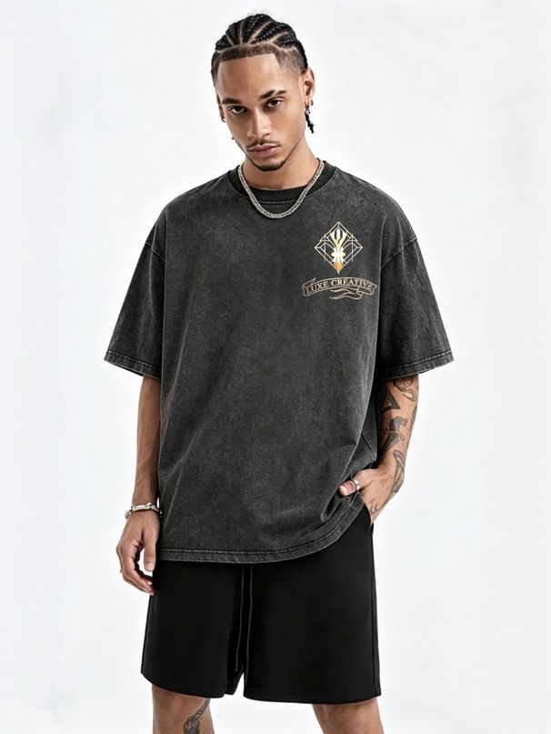 230g Vintage Washed Men T-shirt Diamond Frame Abstract Symbol With Luxe Creative Banner Print Crew Neck Short Sleeve Streetwear Top_viptrois.com