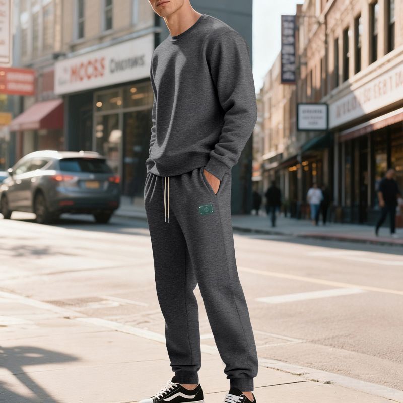 Men's Heavyweight Fleece Crew Neck Sweatshirt Set Loose Two Piece Simple Casual Autumn Winter_viptrois.com