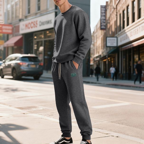 Men's Heavyweight Fleece Crew Neck Sweatshirt Set Loose Two Piece Simple Casual Autumn Winter_viptrois.com