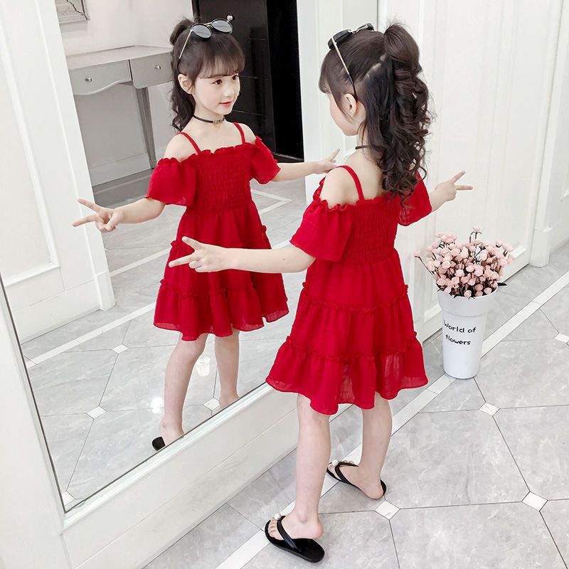 Mother & Kids 2024 new summer off-shoulder chiffon solid color girls dress 3-5-7-8 years old 6 little girl princess dress Western style_viptrois.com