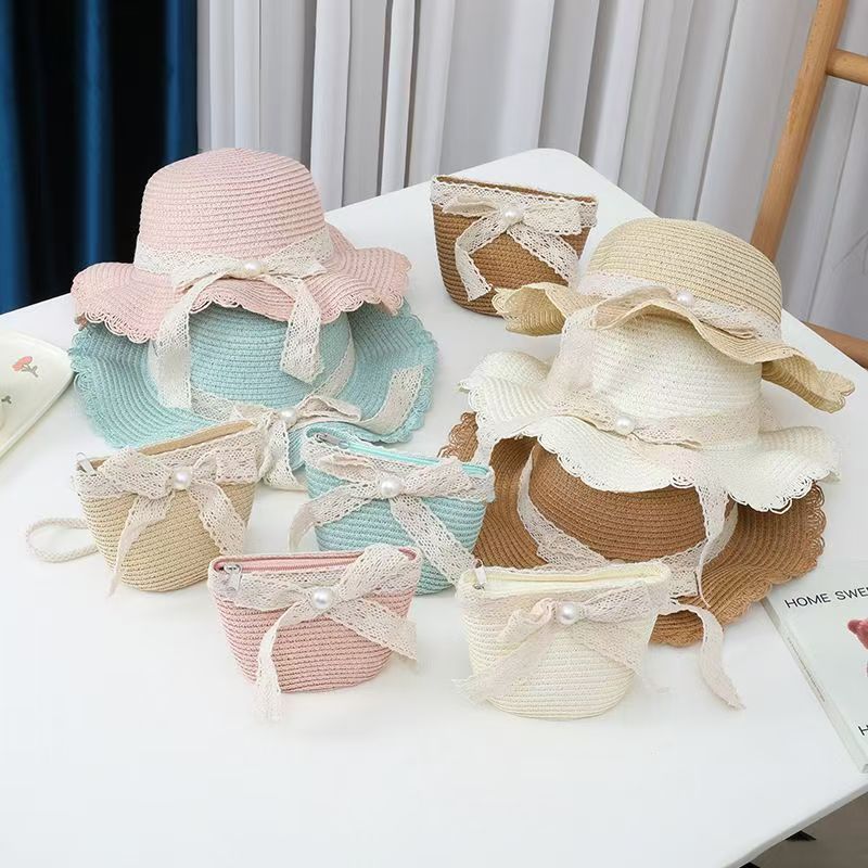 :Fashion Girls Straw Tourism Flower Children Sun Hat And Bag Set Baby Outdoor Wide Brim Bucket Hats For Kid_viptrois.com