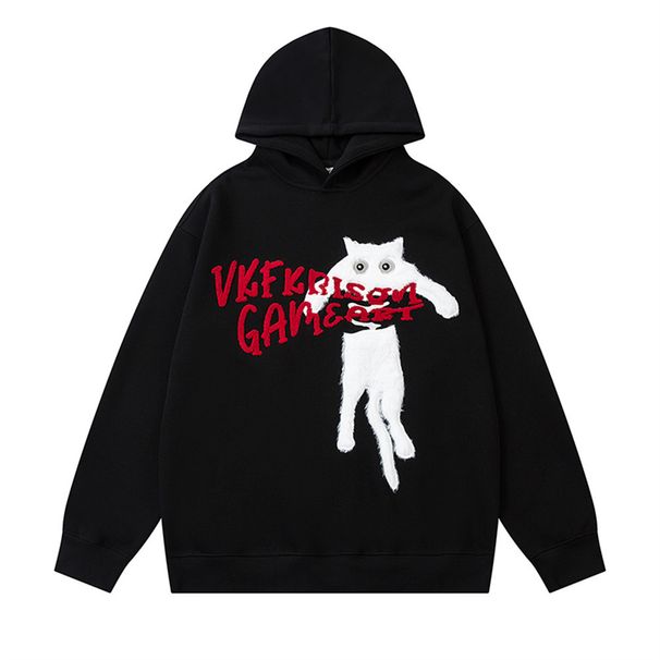 Fun Cartoon Cat Flocked Embroidery Hoodie Men's Vibe Trendy Brand High Street Casual Loose Sports Pullover_viptrois.com