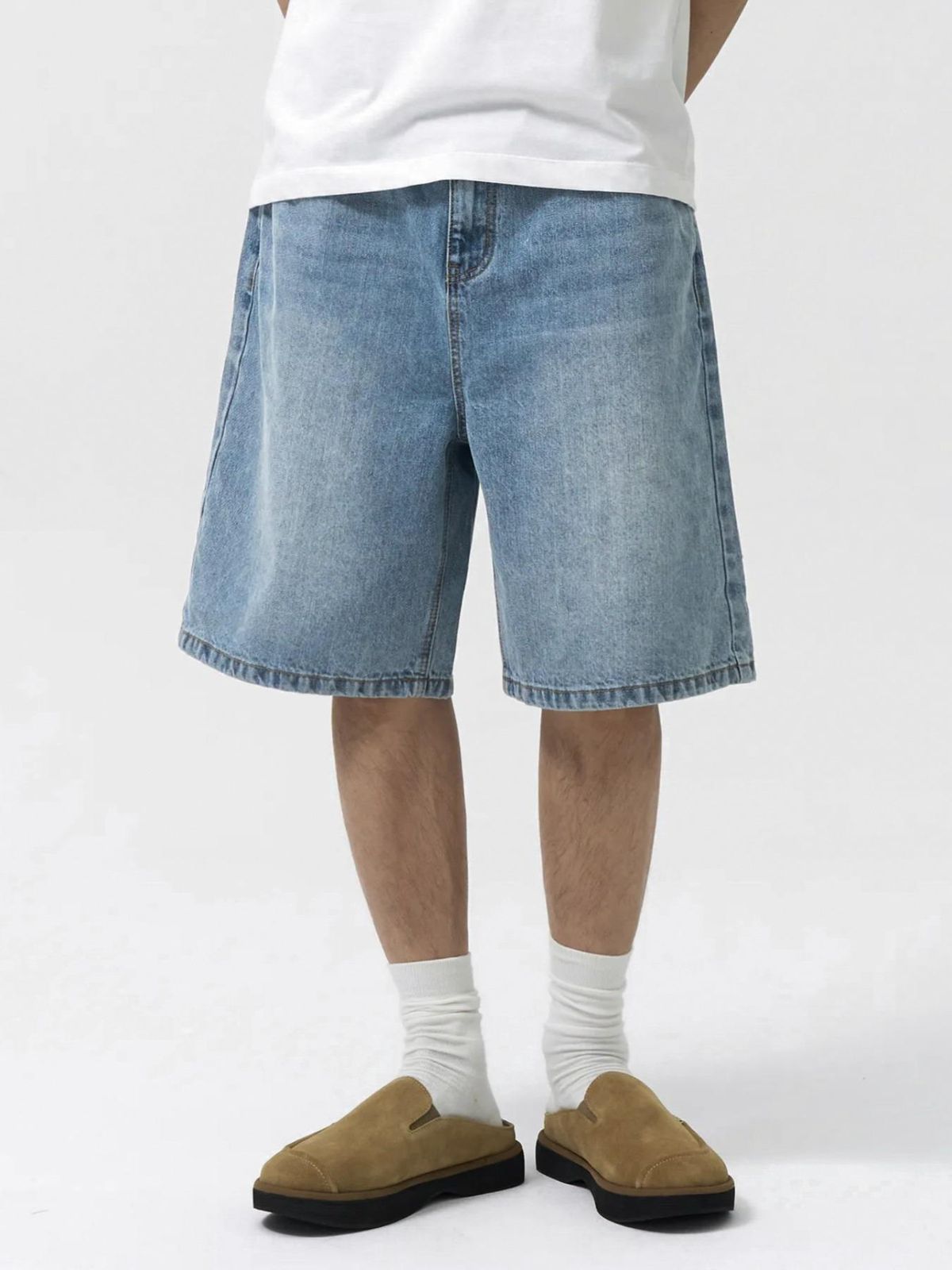 Men's Denim Shorts Style Summer Simple Straight Leg Loose Versatile Casual Washed Pants_viptrois.com
