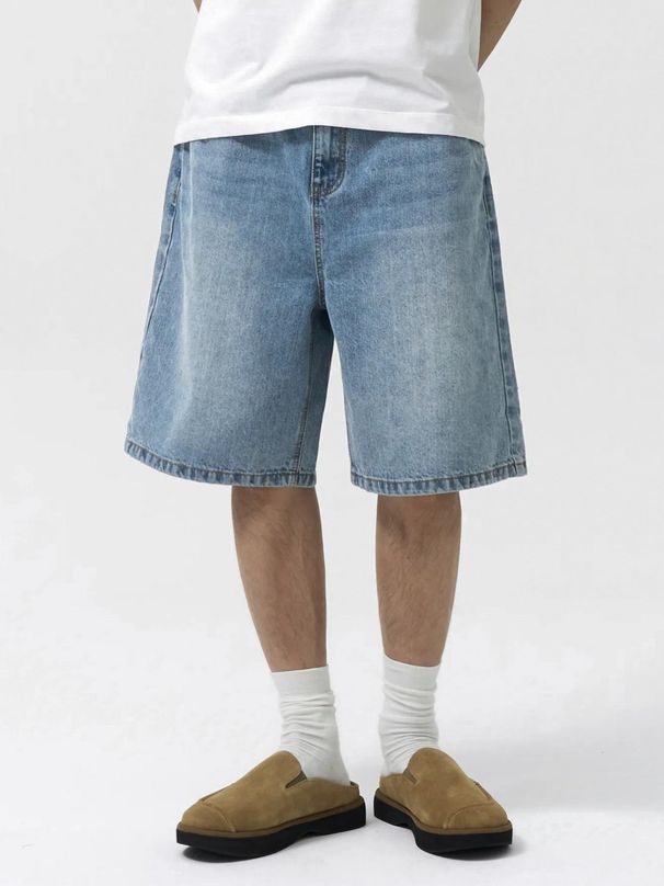 Men's Denim Shorts Style Summer Simple Straight Leg Loose Versatile Casual Washed Pants_viptrois.com