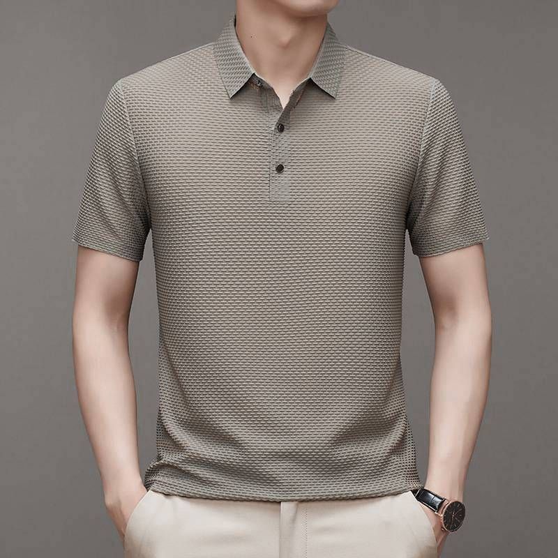 Men's Clothing Summer Ice Silk Quick Drying Polo Shirt Men's Jacquard Lapel Short Sleeved T Shirt High End Casual Men's Drape Top_viptrois.com