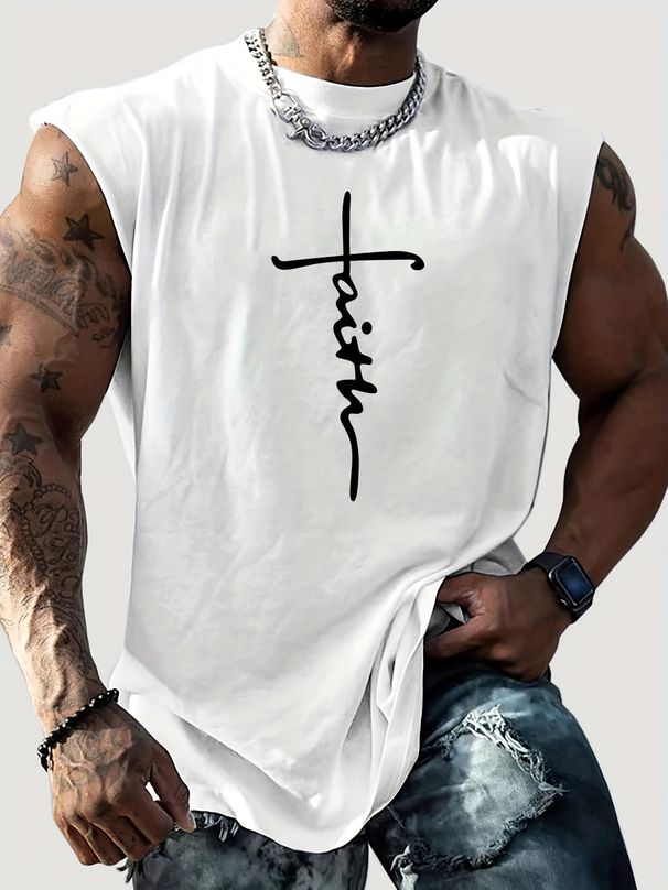 100% Pure Cotton Men's Summer Leisure Sports Fitness Loose Cross Faith Pattern Printed Breathable Round Neck Sleeveless Vest_viptrois.com