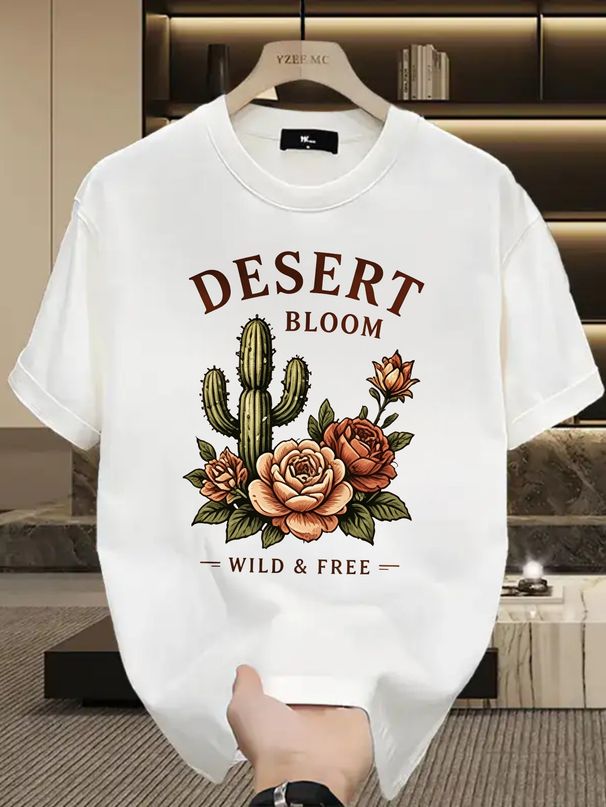 Desert Cactus Rose Graphic Oversized 100% Cotton T-Shirt Men's Casual Streetwear Tee_viptrois.com