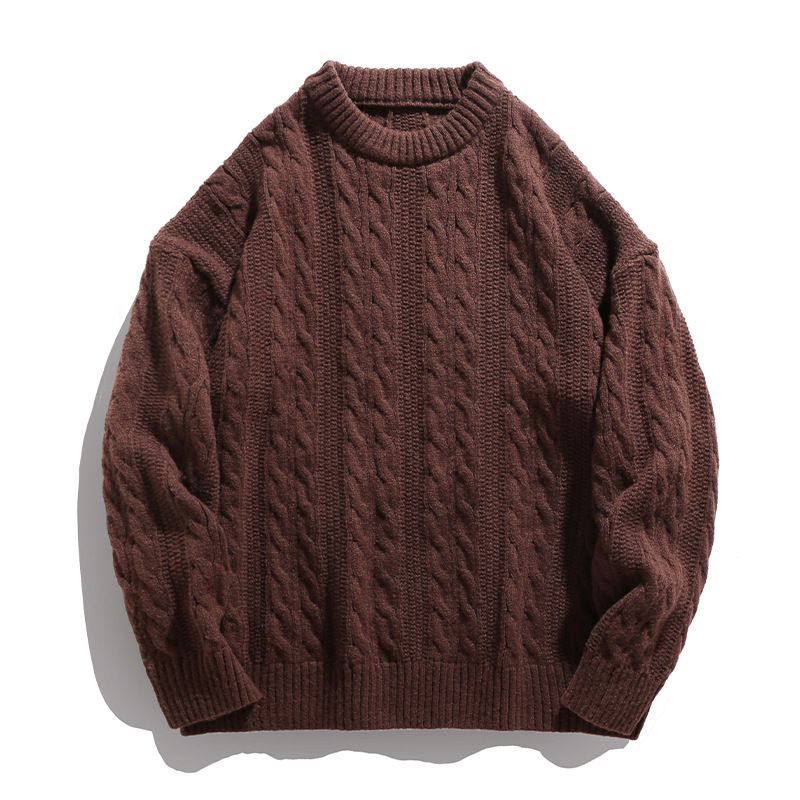 Men's Oversized Cable Knit Sweater | Vintage Loose Fit Pullover | 100% Polyester (White, Black, Beige, Dark Grey, Deep Taupe, Anchor Red)_viptrois.com
