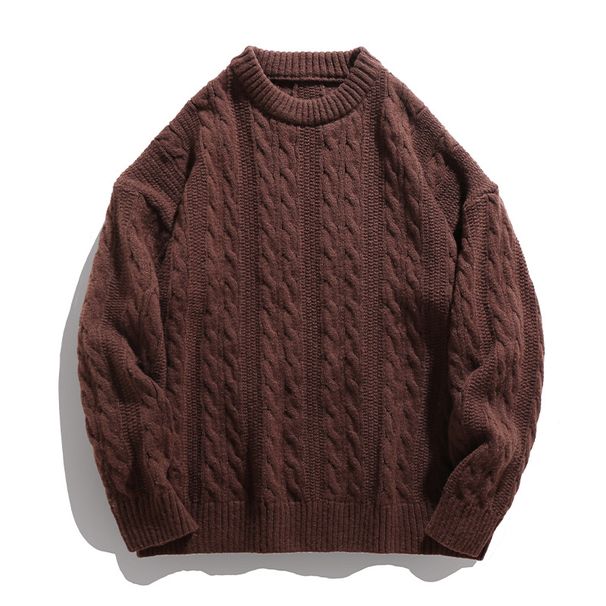 Men's Oversized Cable Knit Sweater | Vintage Loose Fit Pullover | 100% Polyester (White, Black, Beige, Dark Grey, Deep Taupe, Anchor Red)_viptrois.com