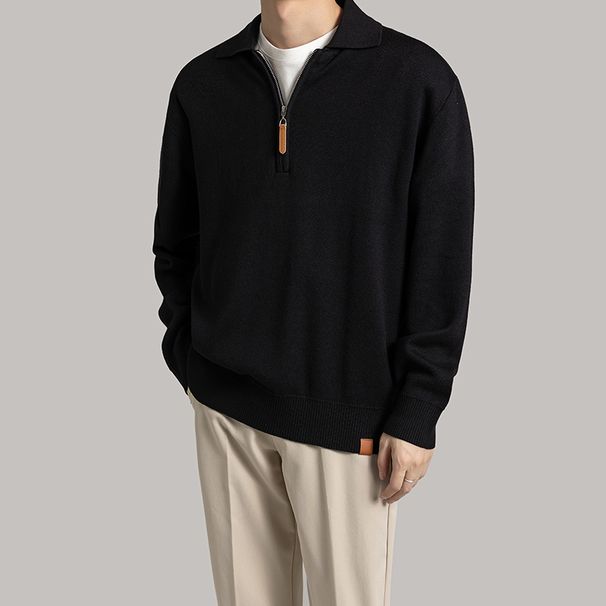 Light Mature Style Half-Zip Knitted Long Sleeve Polo Sweater 2024 Autumn Winter New Turn-Down Collar Top For Men_viptrois.com