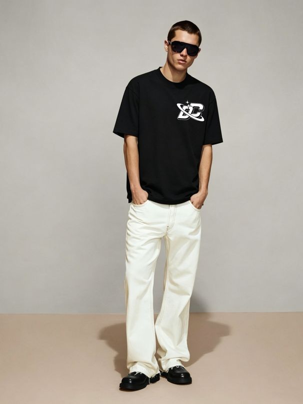 Minimal Futuristic Style Oversized Ringed Monogram Printed T-Shirt Men's Trendy Short Sleeve Top_viptrois.com