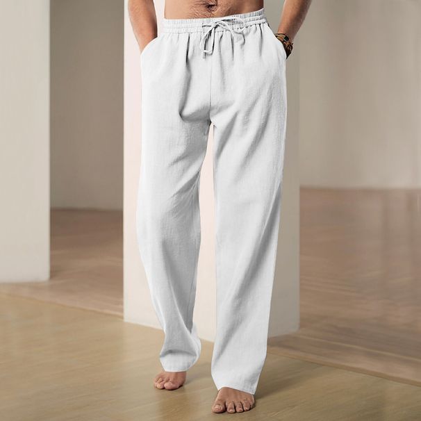 Summer Breathable Linen Casual Pants For Men, Loose Wide Leg Drawstring Waist Beach Walking Trousers_viptrois.com
