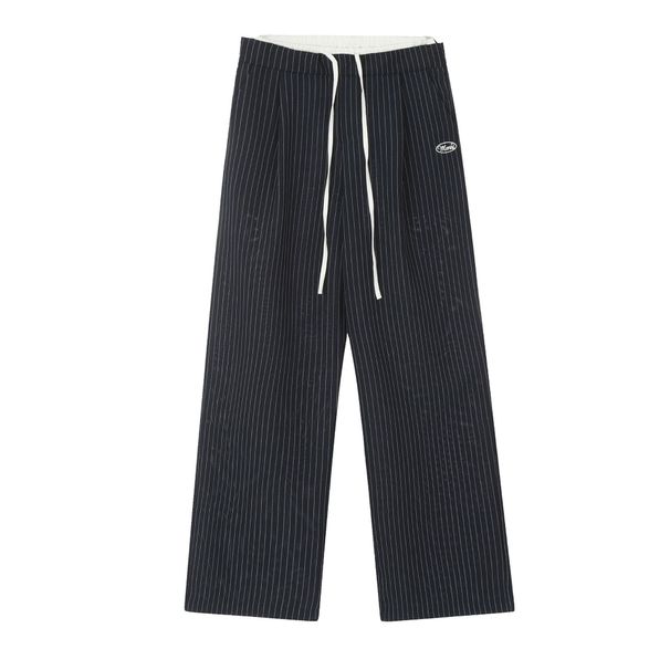 Men's Clothing style double waist stitching striped casual pants for women summer new all match lace up design loose straight wide leg pants_viptrois.com
