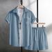 Men's Clothing Solid Color Corduroy Short Sleeved Shirt Shorts Fashion Sports Leisure Suit_viptrois.com