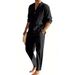 Men's Linen Hawaiian Shirt And Drawstring Pants Set | Breathable Long Sleeve Henley & Straight Leg Outfit For Resort Vacation_viptrois.com