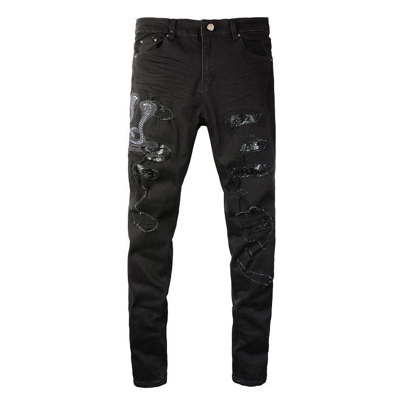 Men's Clothing Washed Cat Whisker Wrinkled Hole Snake Black Elastic Slim Fit Skinny Jeans Jeans_viptrois.com