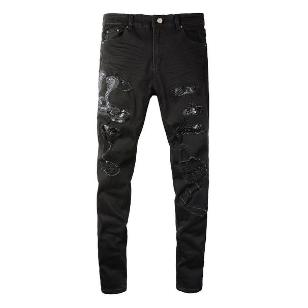 Men's Clothing Washed Cat Whisker Wrinkled Hole Snake Black Elastic Slim Fit Skinny Jeans Jeans_viptrois.com