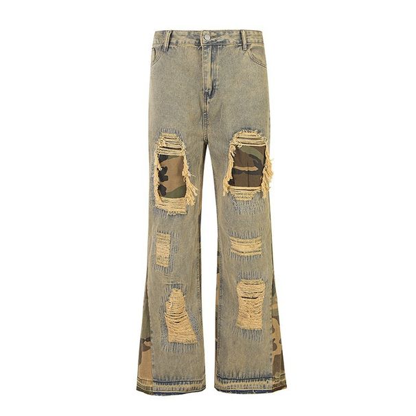 Men's Clothing High Street Jeans Cleanfit Retro Washed Distressed Camouflage Stitching Design Flared Trousers_viptrois.com