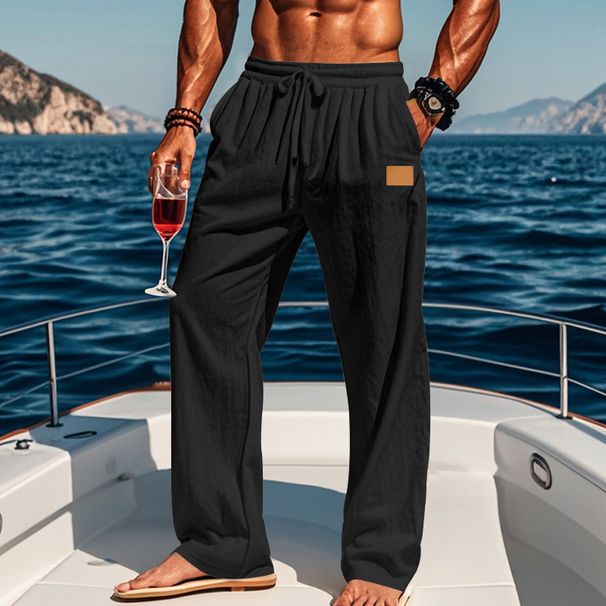 Men's Clothing Four Seasons Thin Beach Leisure Lace Up New Men's Cotton And Linen Drawstring Straight Trousers_viptrois.com