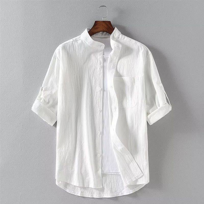 Men's Clothing Linen Short Sleeved Shirt Three Quarter Sleeve Cotton And Linen Stand Up Collar Shirt_viptrois.com