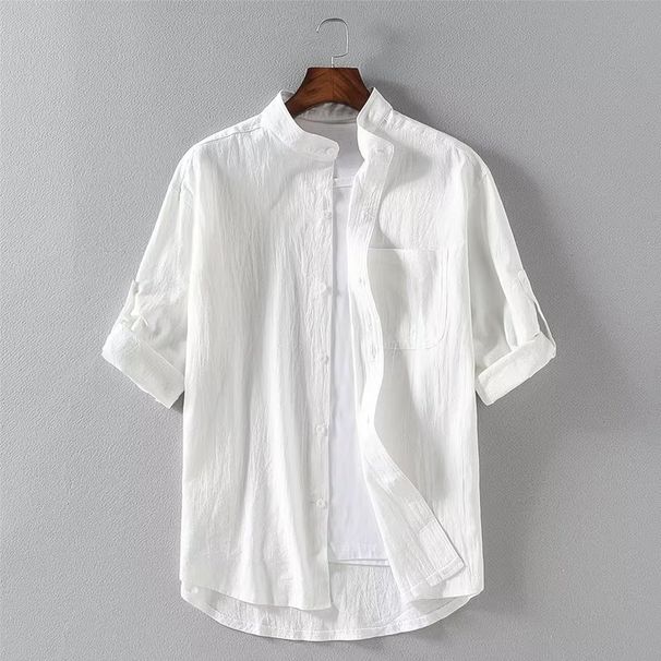 Men's Clothing Linen Short Sleeved Shirt Three Quarter Sleeve Cotton And Linen Stand Up Collar Shirt_viptrois.com