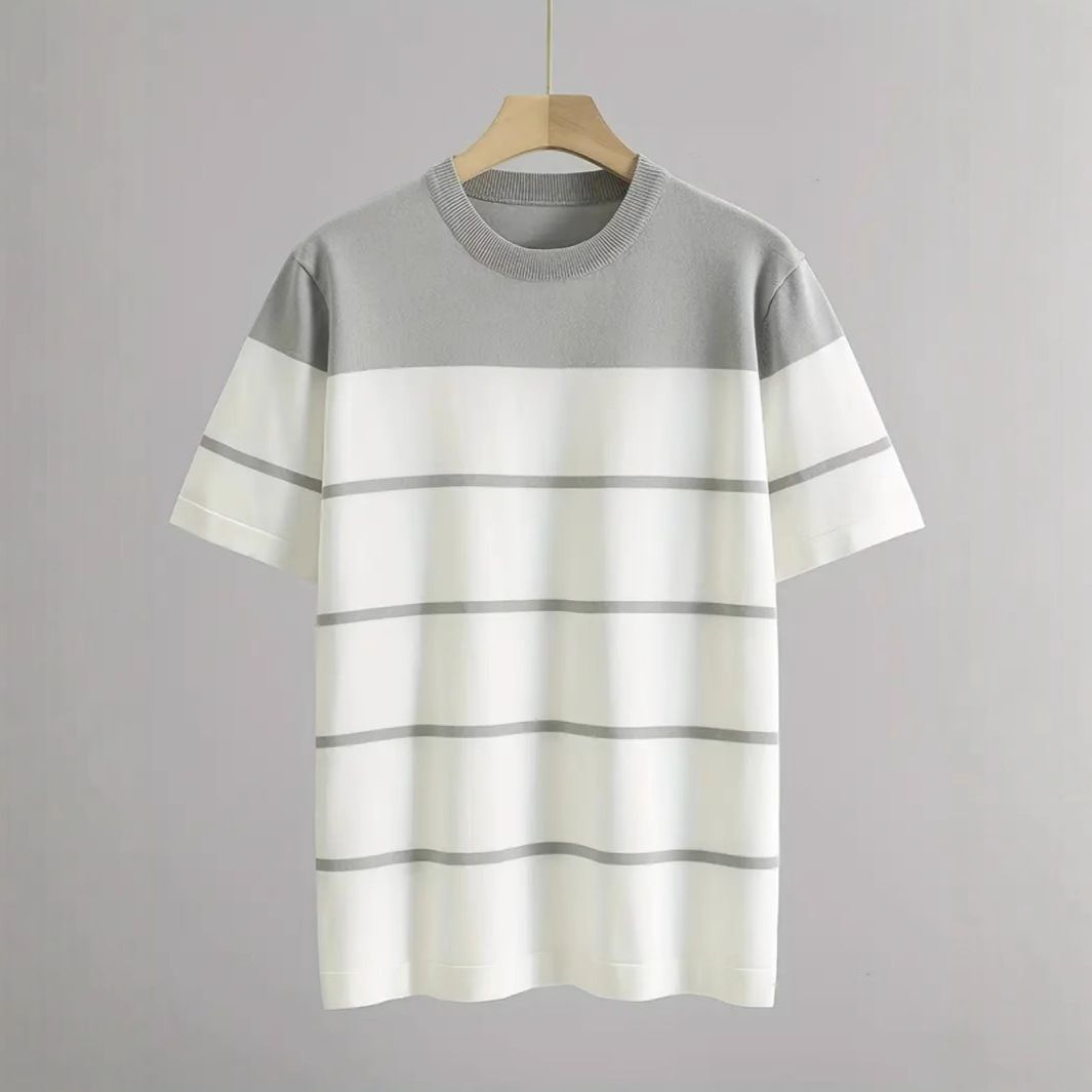Men's Clothing Knitted Sweater Short Sleeved T Shirt Fashionable Spring And Summer Striped Trend Casual Round Neck Slim Men's Versatile Tops_viptrois.com